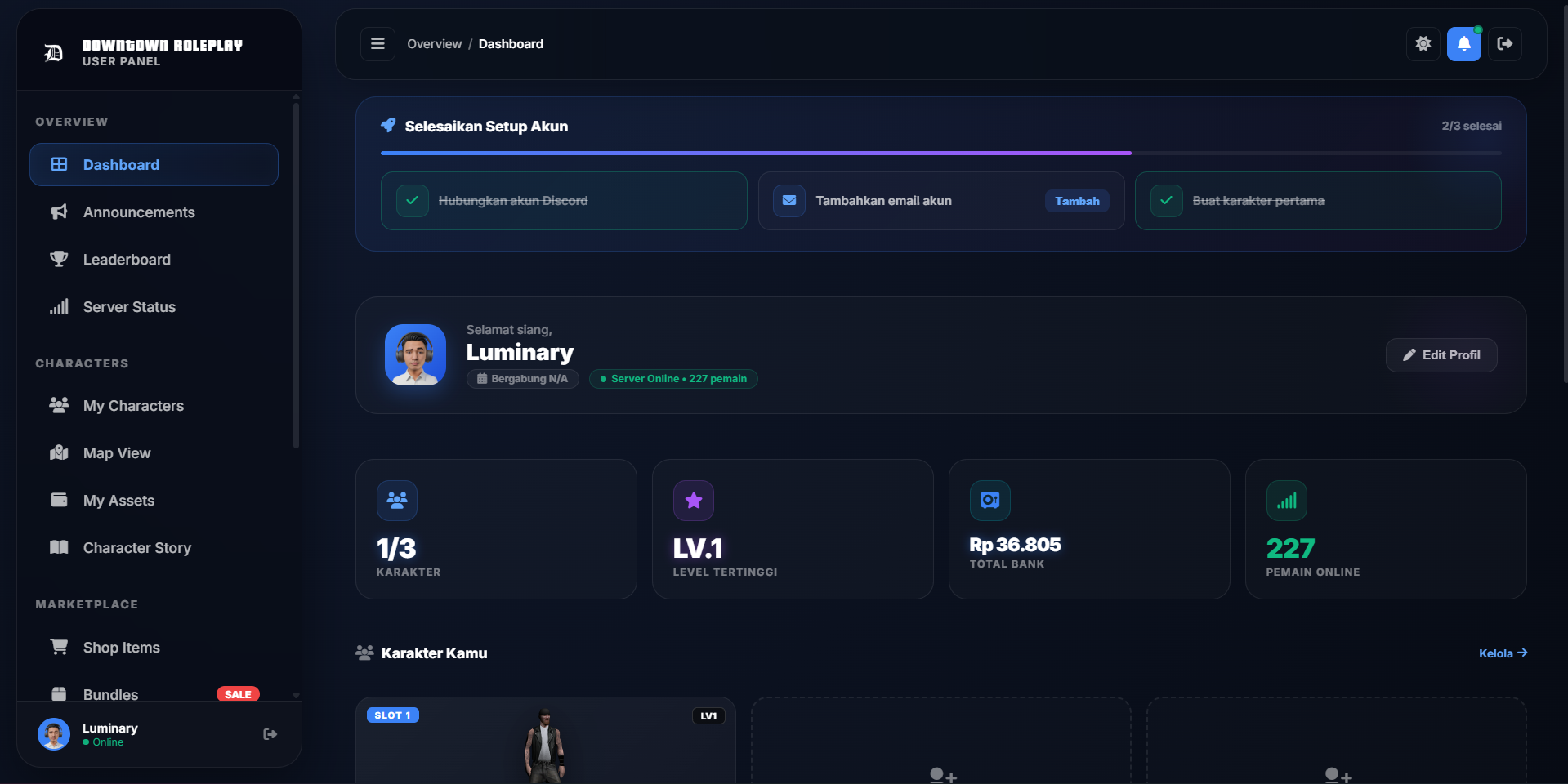Downtown Roleplay User Control Panel (UCP)