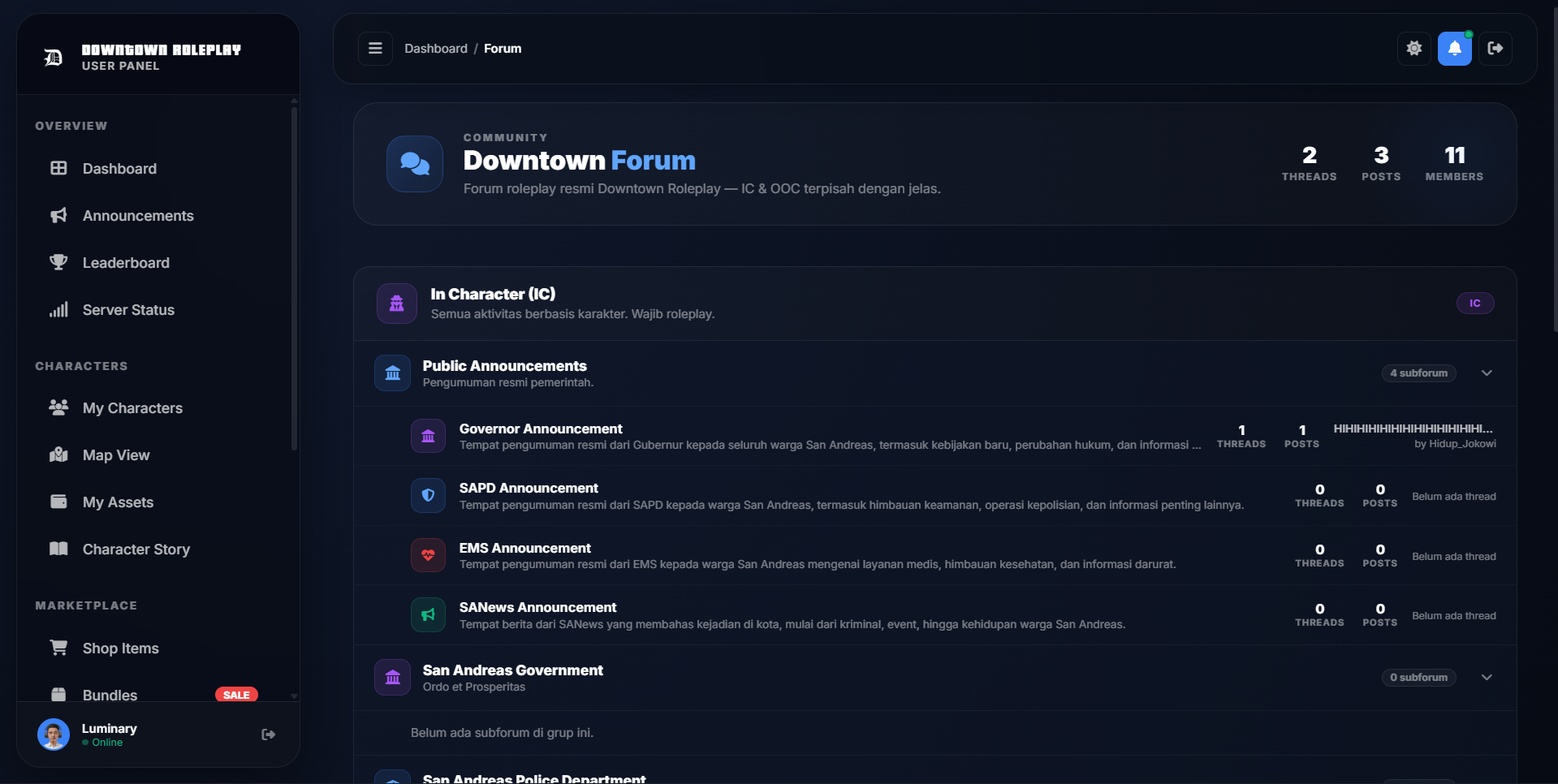 Downtown Roleplay User Control Panel (UCP)